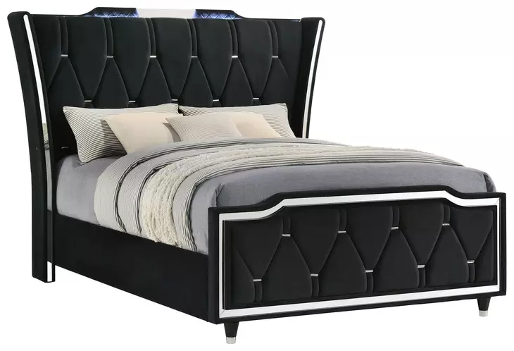 Lorient Black Queen Upholstered Panel Bed with LED