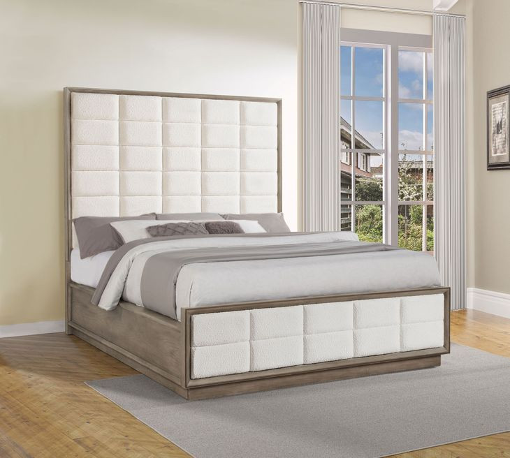 Durango Taupe Oak and Cream California King Upholstered Panel Bed