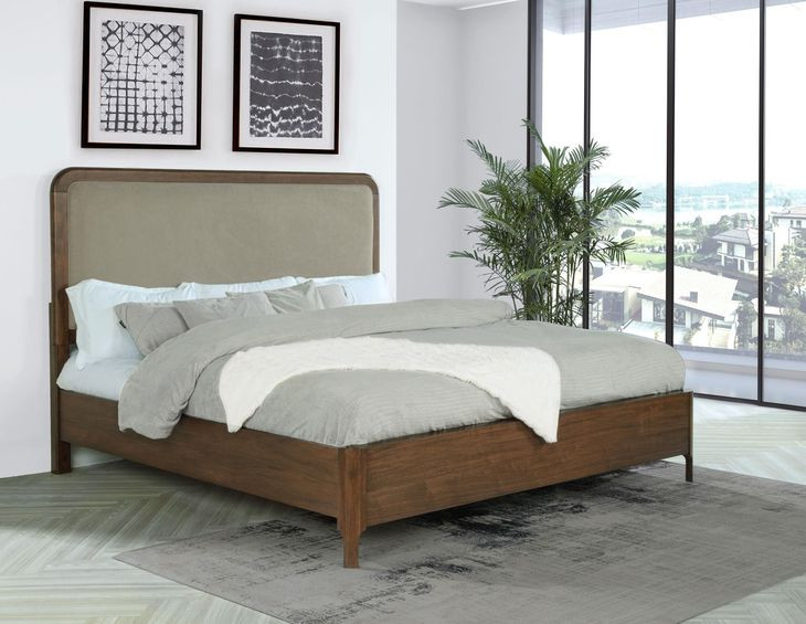 Maderia Walnut King Upholstered Panel Bed