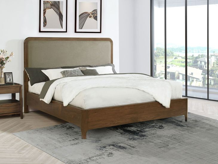 Maderia Walnut and Taupe California King Upholstered Panel Bed