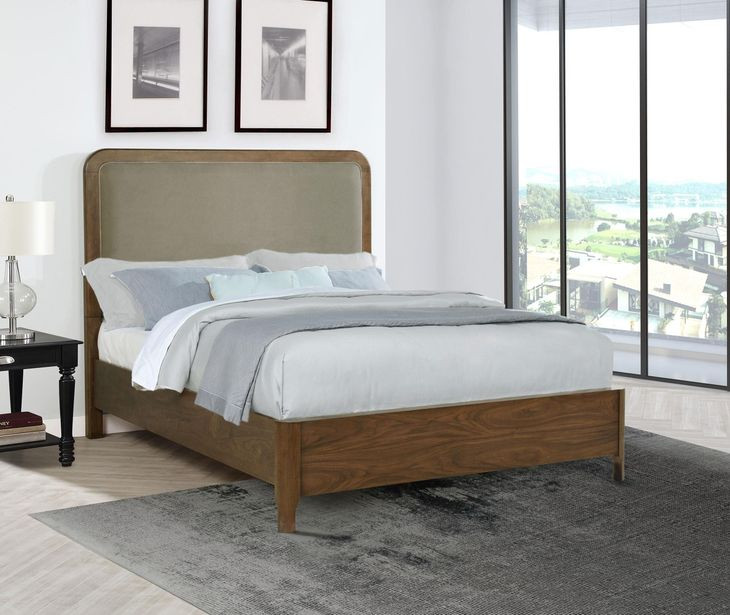 Maderia Walnut Queen Upholstered Panel Bed