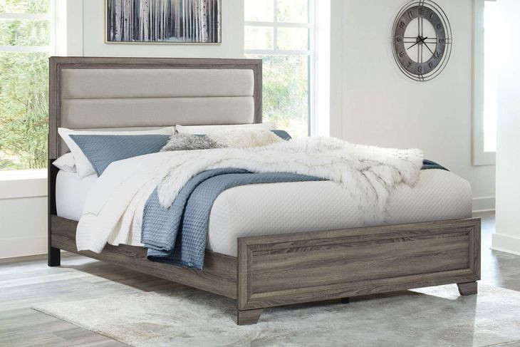 Wright Brown Oak California King Upholstered Panel Bed