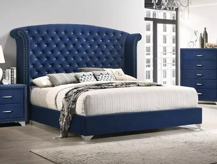 Melody Pacific Blue King Upholstered Panel Bed with Nailhead Trim