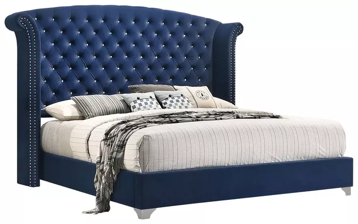 Melody Pacific Blue King Upholstered Panel Bed with Nailhead Trim