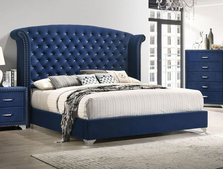 Melody Pacific Blue California King Upholstered Panel Bed with Nailhead Trim