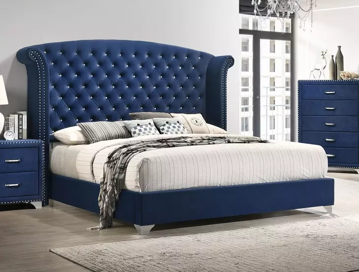 Melody Pacific Blue California King Upholstered Panel Bed with Nailhead Trim