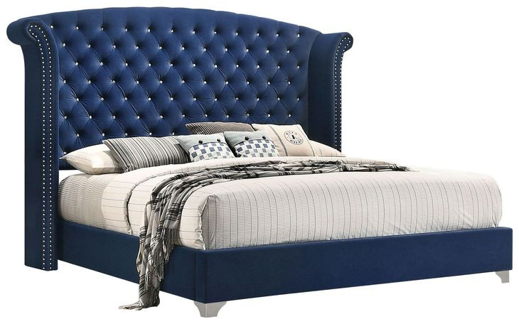 Melody Pacific Blue California King Upholstered Panel Bed with Nailhead Trim