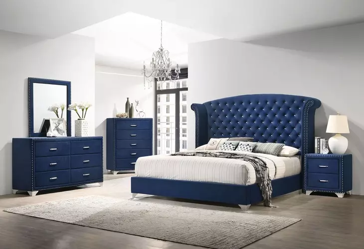 Melody Pacific Blue California King Upholstered Panel Bed with Nailhead Trim