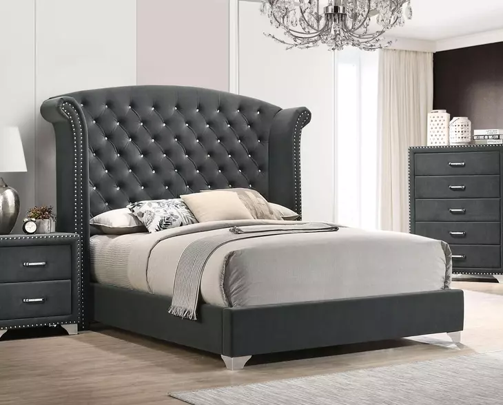 Melody Grey King Upholstered Panel Bed with Nailhead Trim