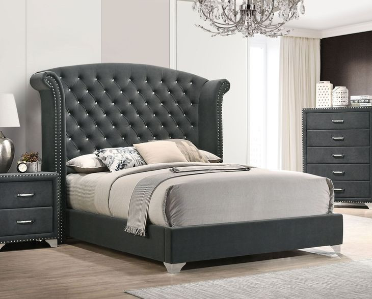 Melody Gray California King Upholstered Panel Bed with Nailhead Trim