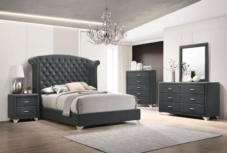 Melody Gray California King Upholstered Panel Bed with Nailhead Trim