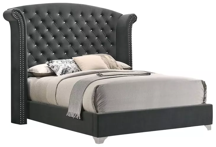 Melody Grey Queen Upholstered Panel Bed with Nailhead Trim