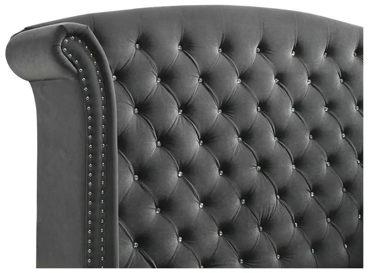 Melody Grey Queen Upholstered Panel Bed with Nailhead Trim