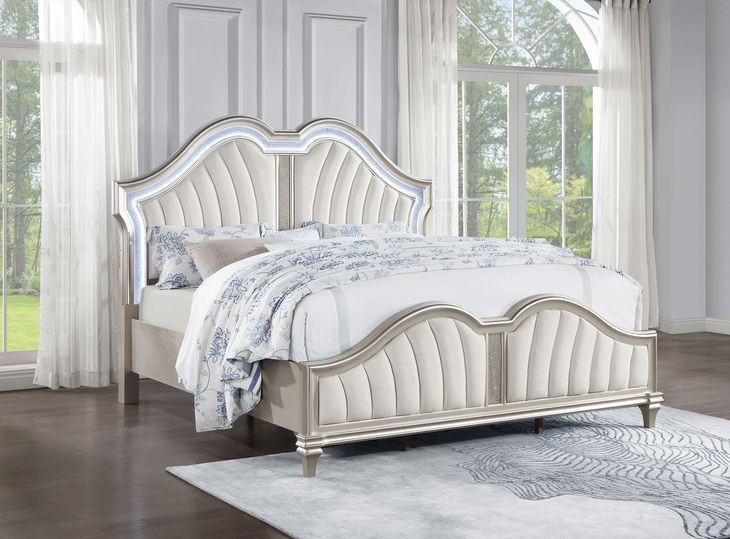 Evangeline Silver Oak and Ivory California King Upholstered Panel Bed with LED Light