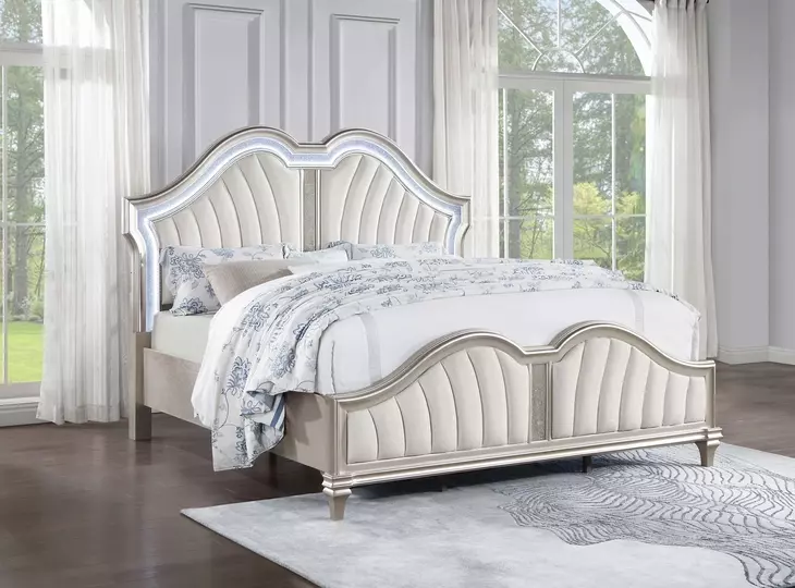 Evangeline Silver Oak and Ivory California King Upholstered Panel Bed with LED