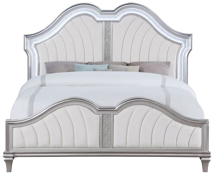 Evangeline Silver Oak and Ivory California King Upholstered Panel Bed with LED Light