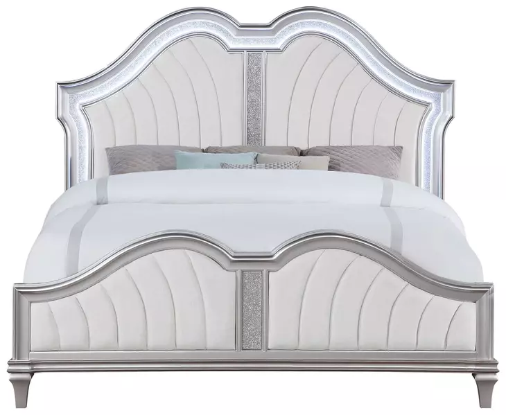 Evangeline Silver Oak and Ivory California King Upholstered Panel Bed with LED