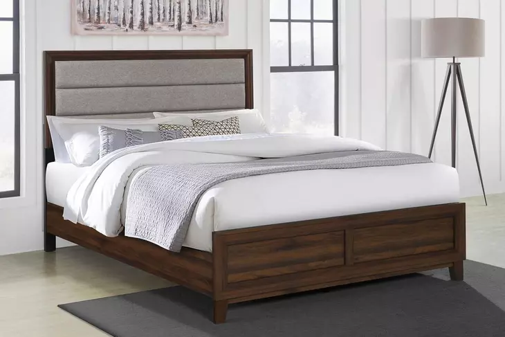 Welsley Walnut King Upholstered Panel Bed