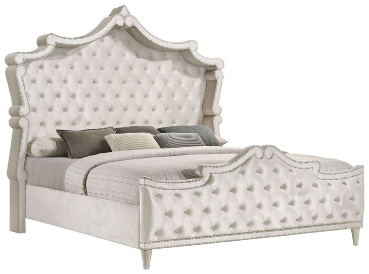 Antonella Ivory California King Upholstered Panel Bed with Nailhead Trim