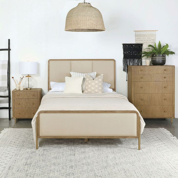 Arini Sand Wash and Cream California King Upholstered Panel Bed