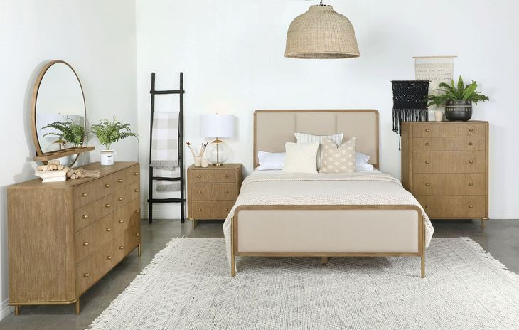 Arini Sand Wash and Cream California King Upholstered Panel Bed