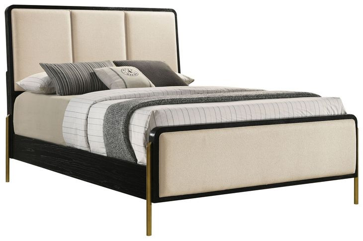 Arini Black and Cream King Upholstered Panel Bed