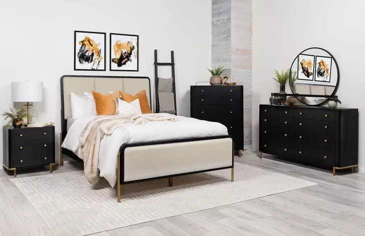 Arini Black and Cream King Upholstered Panel Bed
