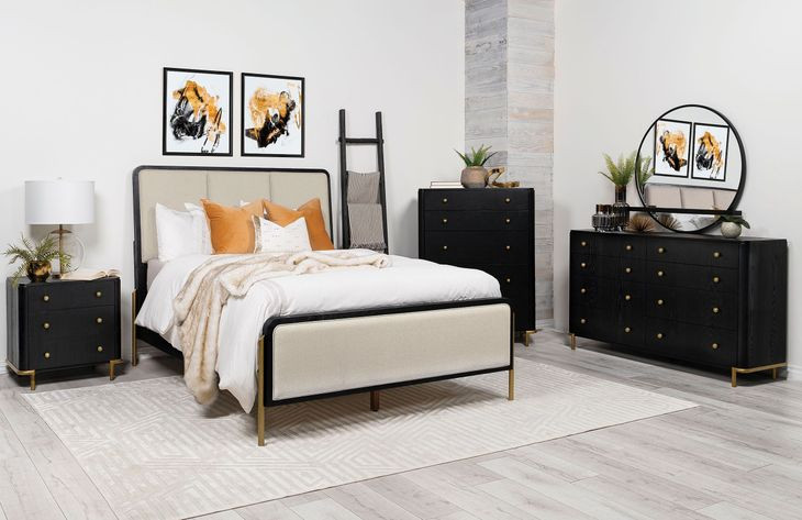Arini Black and Cream California King Upholstered Panel Bed