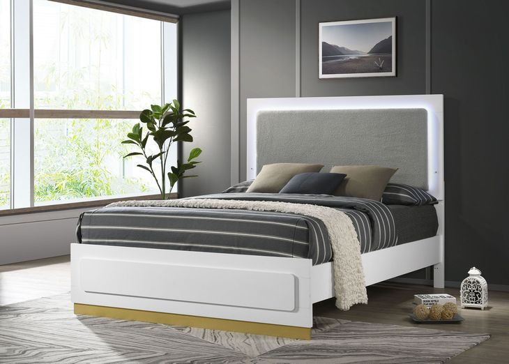 Caraway White and Gray California King Upholstered Panel Bed with LED Light