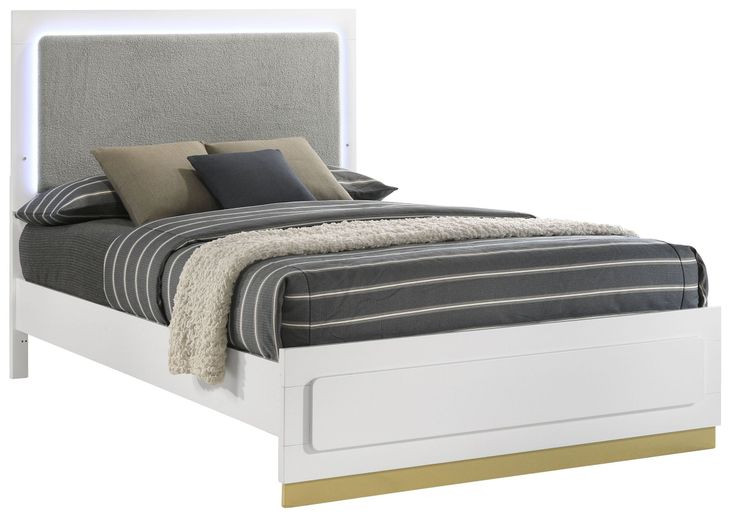 Caraway White and Gray California King Upholstered Panel Bed with LED Light