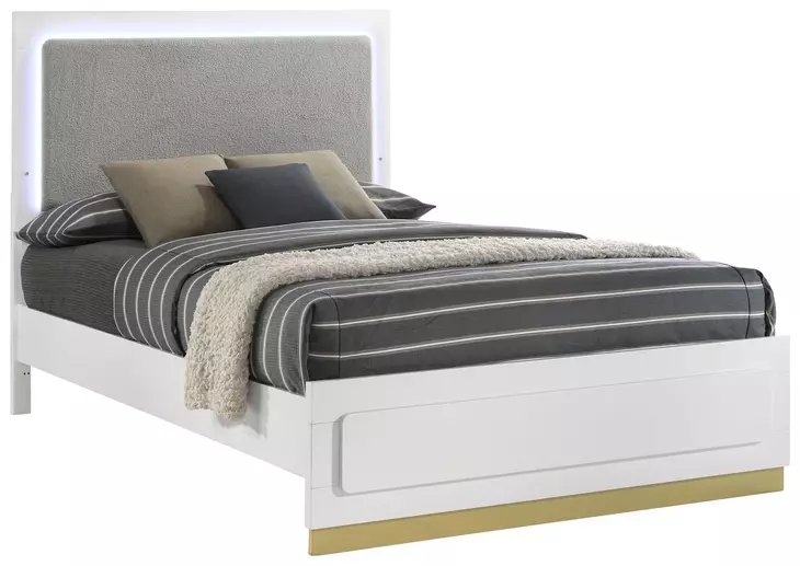Caraway White and Gray California King Upholstered Panel Bed with LED