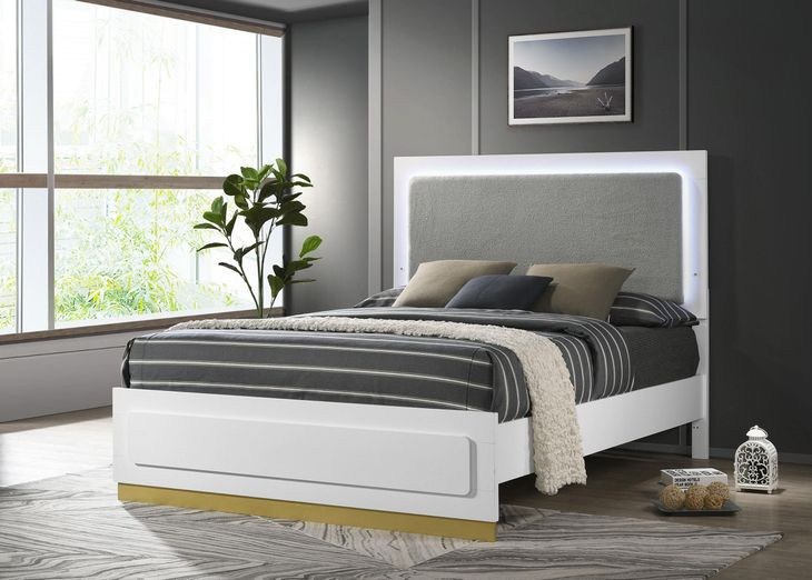 Caraway White And Gray Queen Upholstered Panel Bed