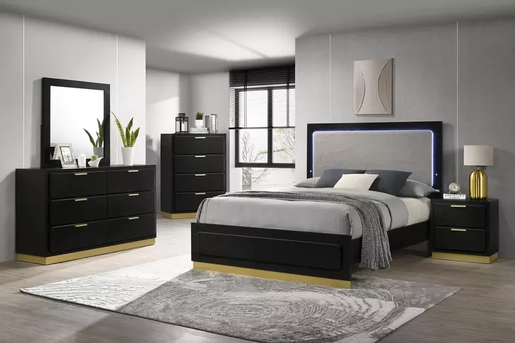 Caraway Black and Gray California King Upholstered Panel Bed with LED