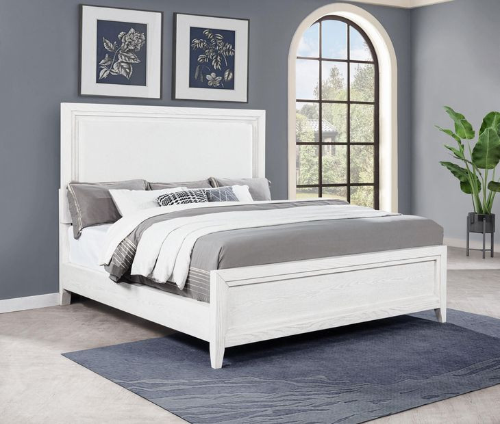 Marielle Distressed White King Upholstered Panel Bed
