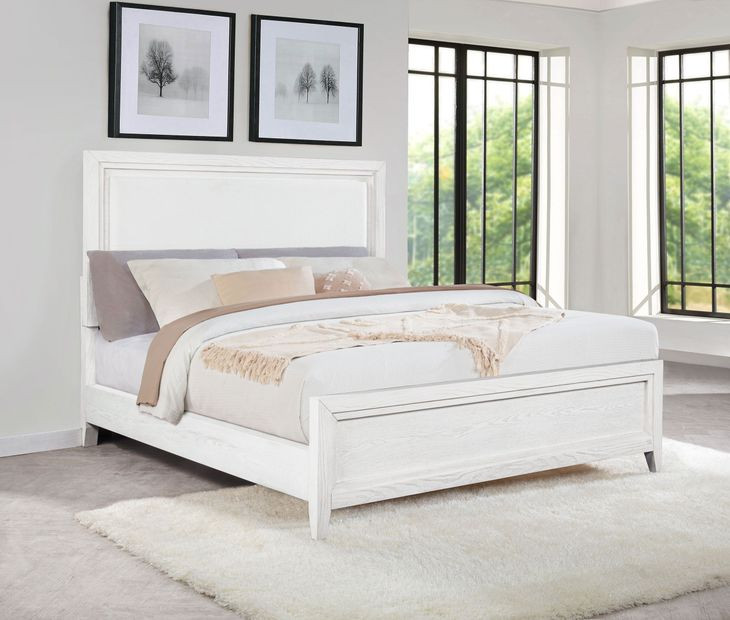 Marielle Distressed White California King Upholstered Panel Bed