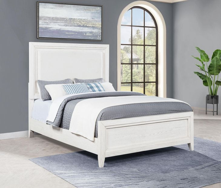 Marielle Distressed White Queen Upholstered Panel Bed