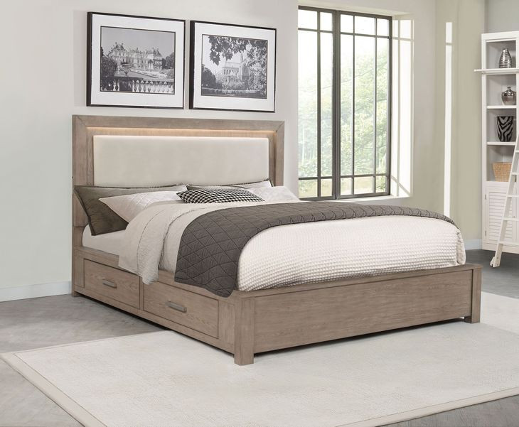 Kenora Barley Brown and Beige California King Upholstered Storage Panel Bed with LED Light