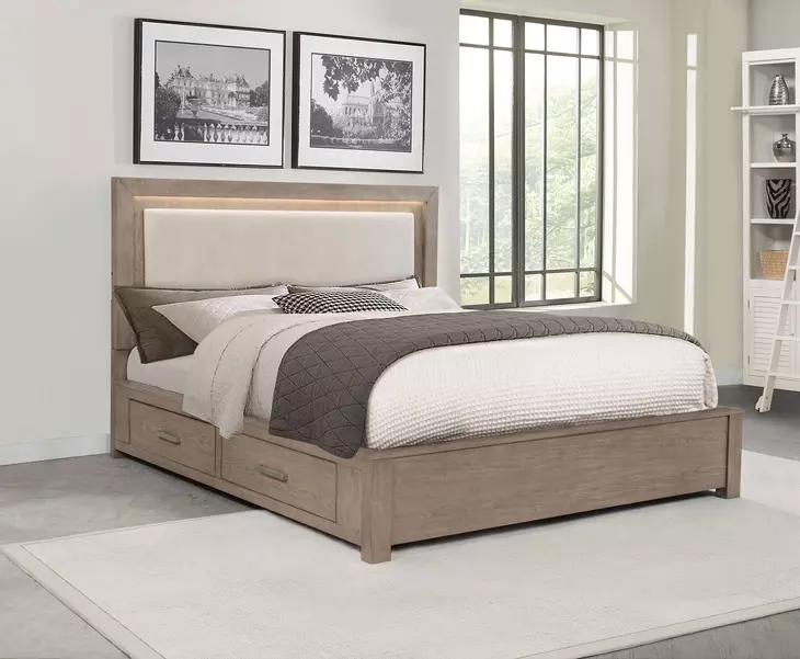 Kenora Barley Brown and Beige California King Upholstered Storage Panel Bed with LED