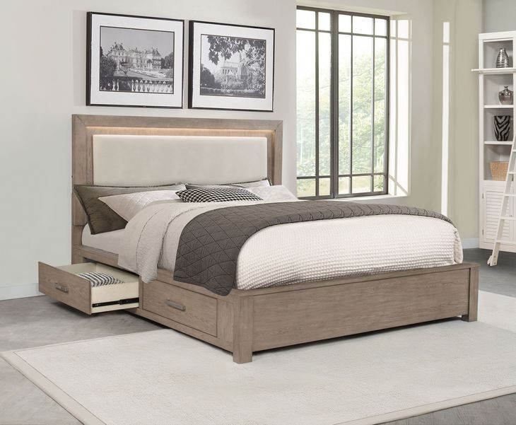 Kenora Barley Brown and Beige California King Upholstered Storage Panel Bed with LED Light