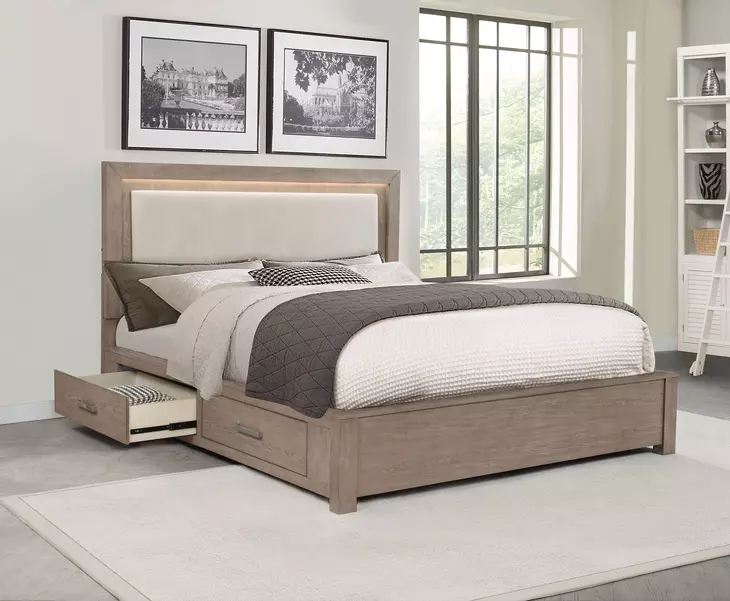 Kenora Barley Brown and Beige California King Upholstered Storage Panel Bed with LED