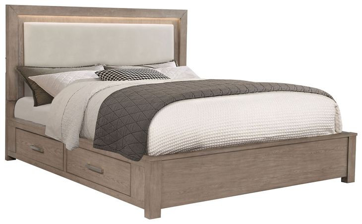 Kenora Barley Brown and Beige California King Upholstered Storage Panel Bed with LED Light