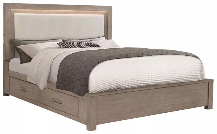 Kenora Barley Brown and Beige California King Upholstered Storage Panel Bed with LED