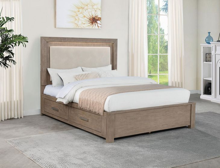 Kenora Barley Brown Queen Upholstered Platform Storage Bed