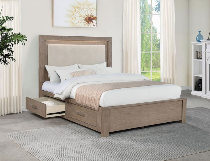 Kenora Barley Brown Queen Upholstered Platform Storage Bed