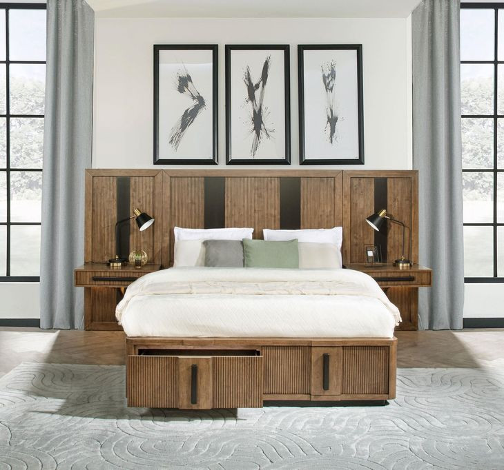 Terrace Ash Brown Wall Panel King Platform Storage Bed