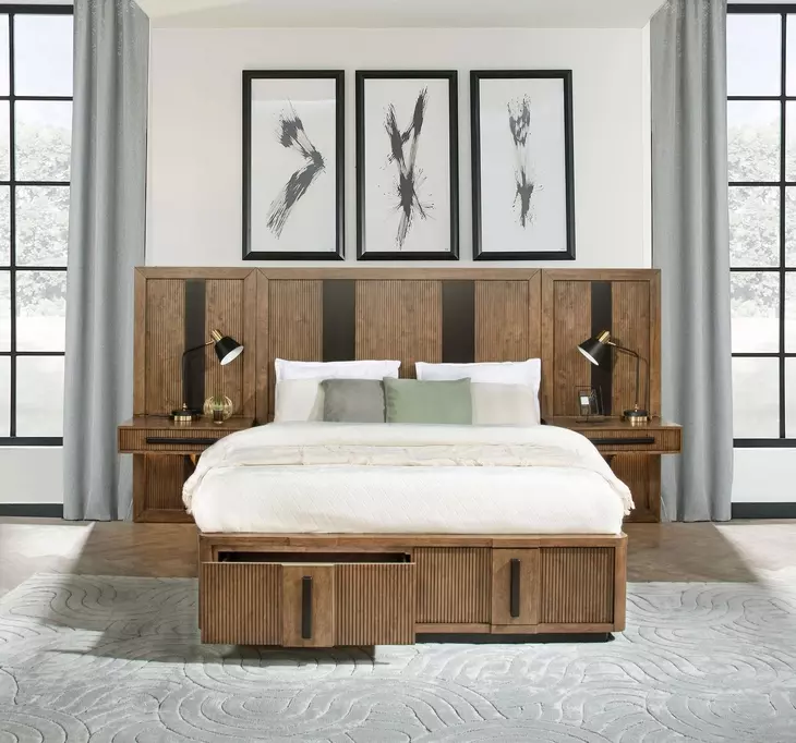 Terrace Ash Brown Wall Panel Queen Platform Storage Bed