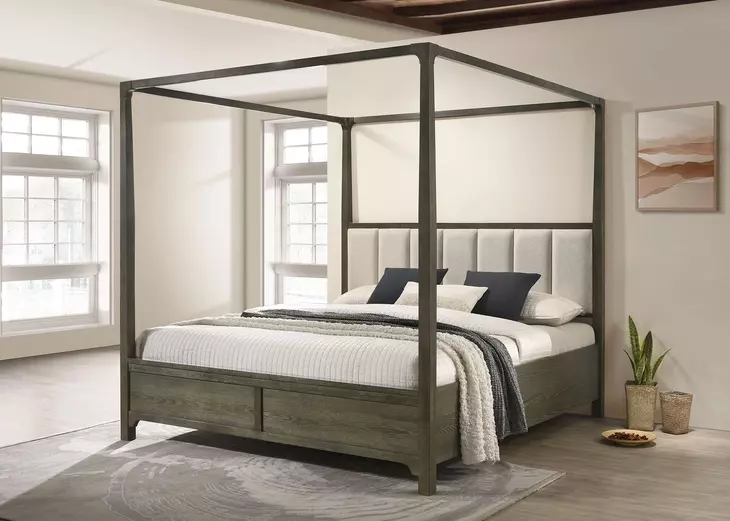 Gran Park Dark Cocoa and Beige California King Upholstered Canopy Bed