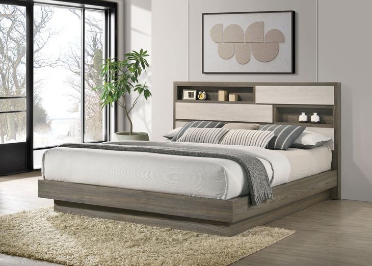 Fenwick Gray Oak and Almond California King Storage Platform Bed with Bookcase