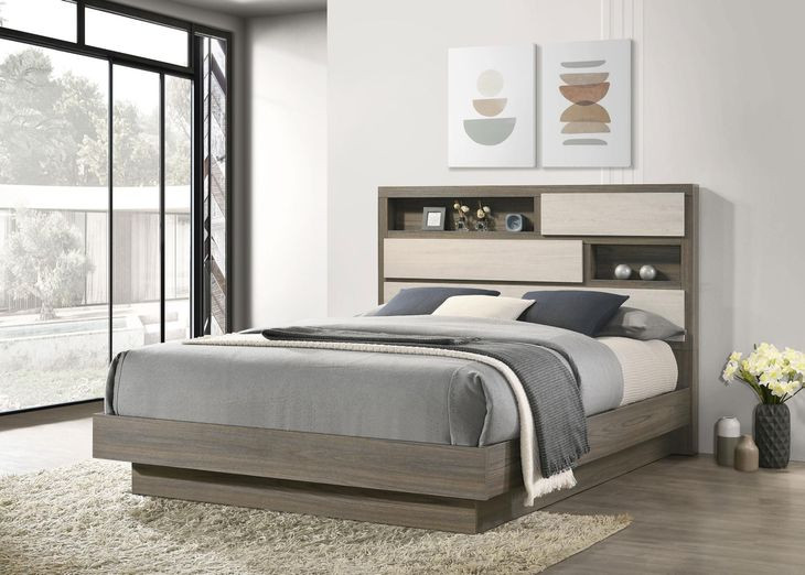 Fenwick Gray Oak And Almond Queen Bookcase Platform Bed