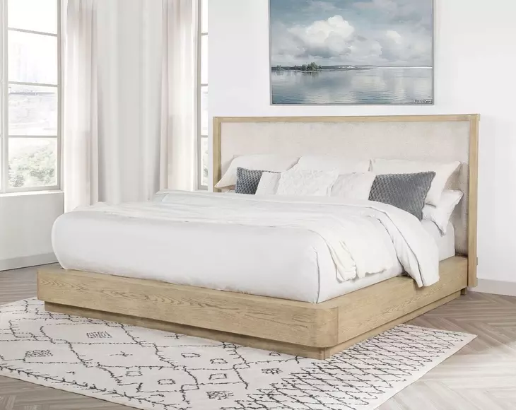 Kailani Beige Oak Queen Wingback Upholstered Platform Bed